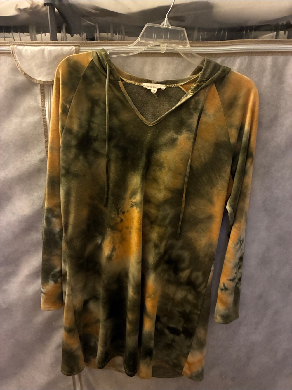 Tie-Dye Hooded Long Sleeve Dress in Olive and Mustard